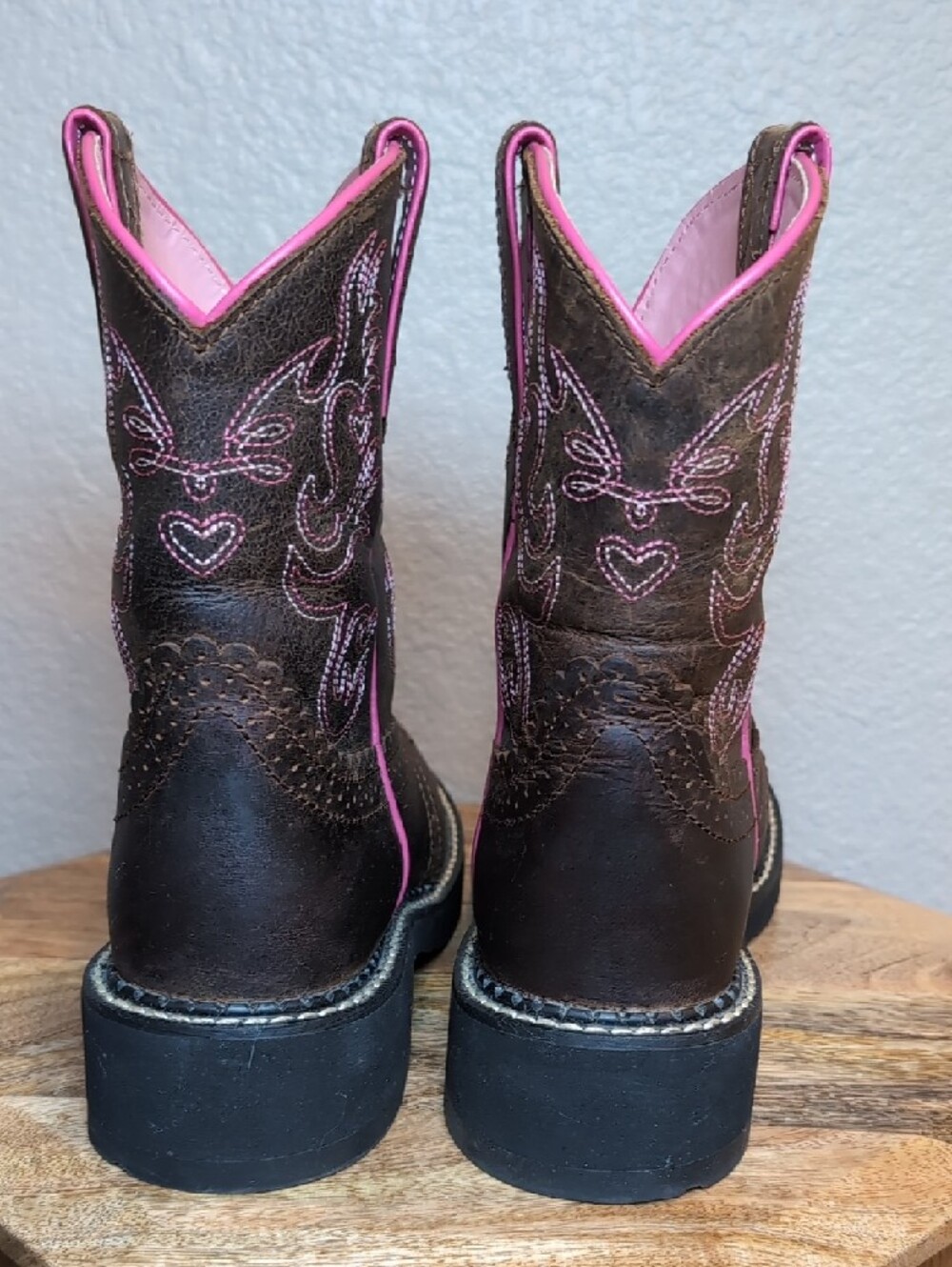 Ariat Fat Baby Leather Cowboy Boots with Pink Trim - Picture 6 of 10